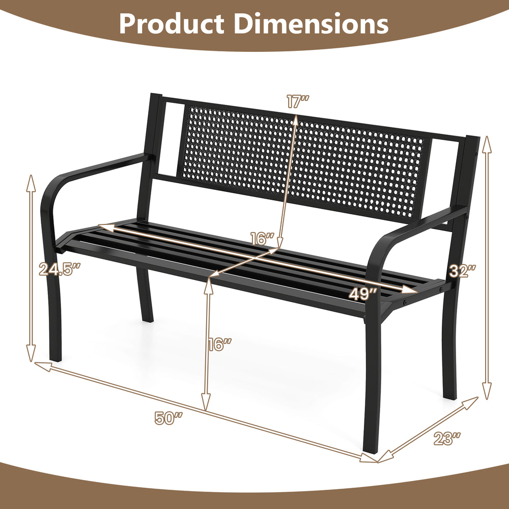 50-inch black garden bench with patterned backrest and curved armrests, featuring dimensions for easy placement in.