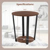 Round end table with walnut finish, metal frame, and open shelf, ideal for lamps and books in an industrial design.