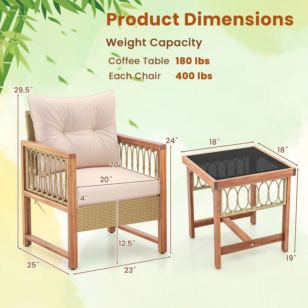 Patio furniture set featuring an acacia wood frame, soft cushions, and a tempered glass coffee table for outdoor.