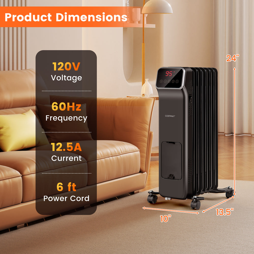 Oil-filled radiator heater in black with remote control, 1500W, 3 heat settings, and 24H timer for efficient heating.