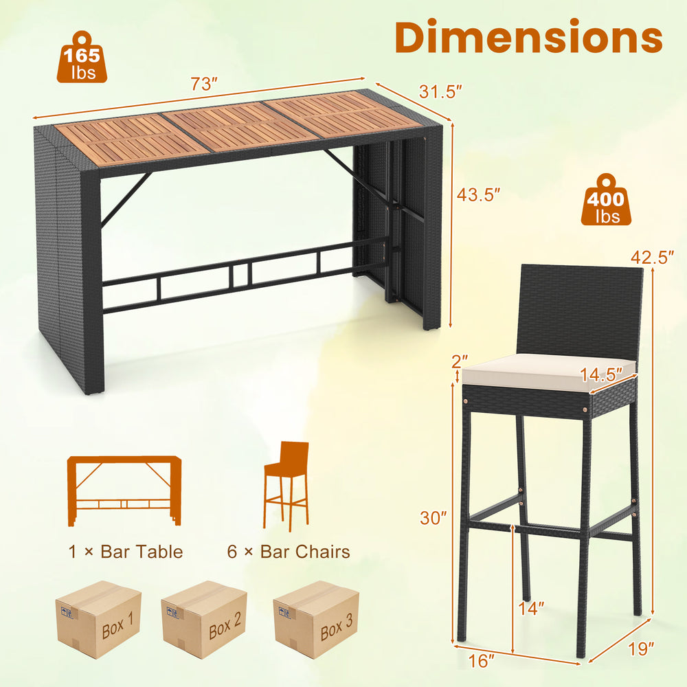 7-piece patio rattan bar set featuring acacia wood tabletop and soft cushions, ideal for backyard or garden use.