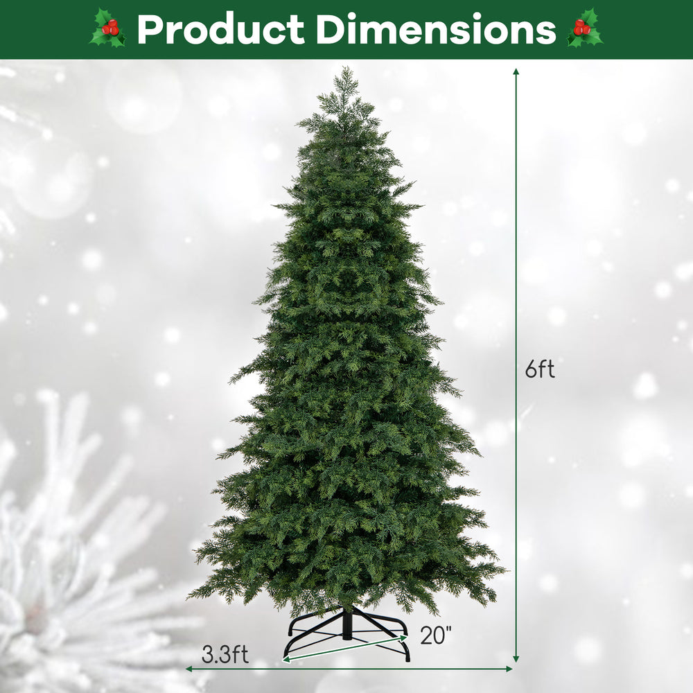 6ft green artificial Christmas tree with 721/1019 branch tips, featuring a hinged design for easy setup and stability.