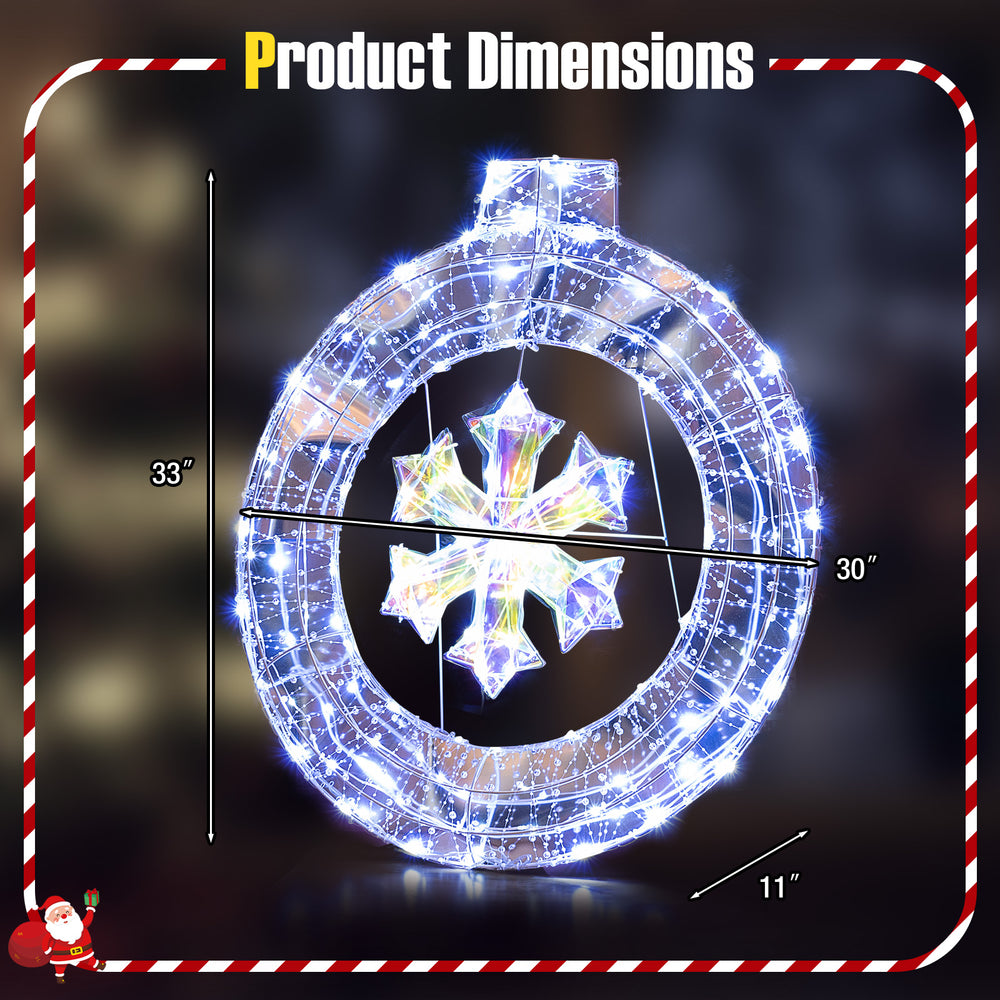 33-inch lighted snowflake wreath dimensions with 128 LED lights, suitable for indoor and outdoor Christmas decoration.