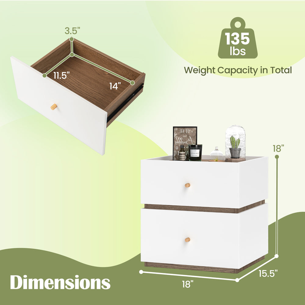 Modern 2-drawer nightstand in white with wood grain, featuring smooth metal slides and protective foot pads for bedroom.