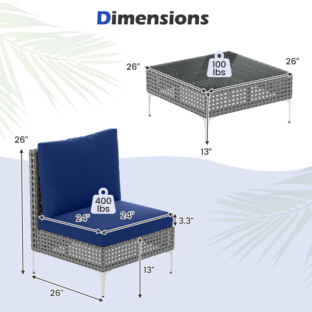 Dimensions of the 3-piece PE rattan conversation chair set with navy cushions and tempered glass coffee table for.