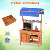 Wooden pretend play kitchen with adjustable canopy, sink, planting cups, and storage for kids, 53" tall, natural finish.