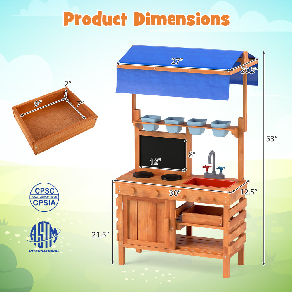 Wooden pretend play kitchen with adjustable canopy, sink, planting cups, and storage for kids, 53" tall, natural finish.