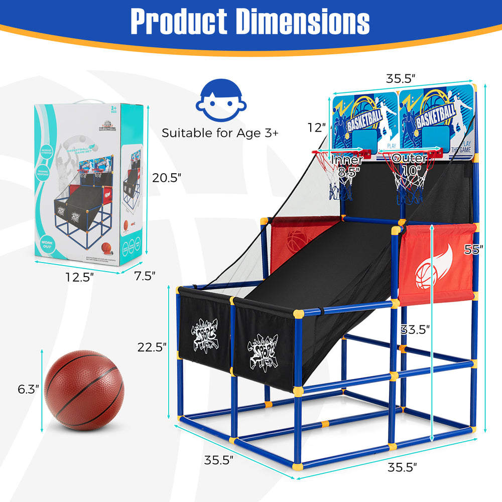 Kids arcade basketball game set dimensions with sturdy PVC tubes, includes 4 basketballs and pump for indoor/outdoor.