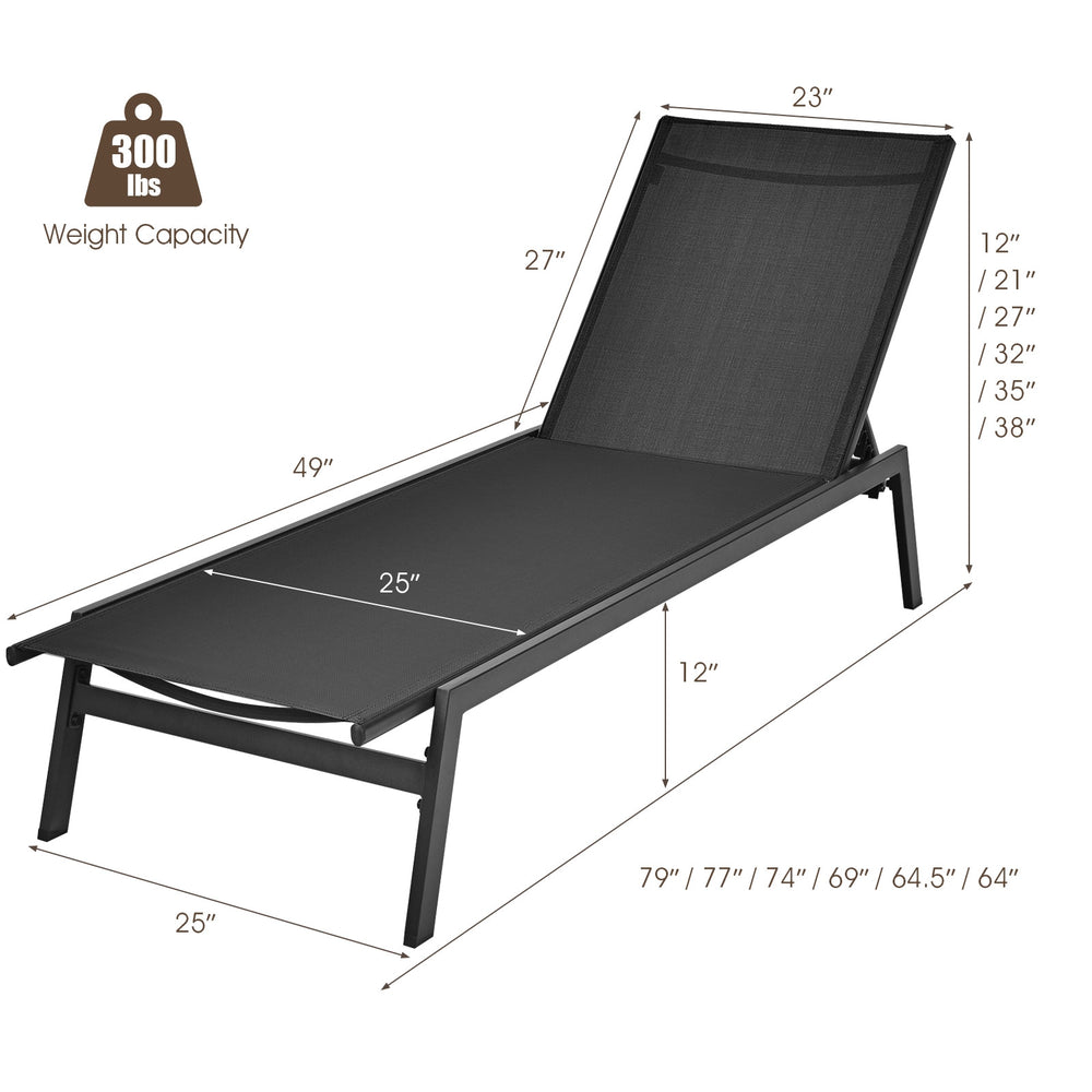 Black outdoor reclining chaise lounge chair with 6 adjustable backrest positions, perfect for patio or poolside.