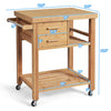 Bamboo kitchen trolley cart with two drawers and open shelves, featuring a large countertop and smooth-rolling casters.