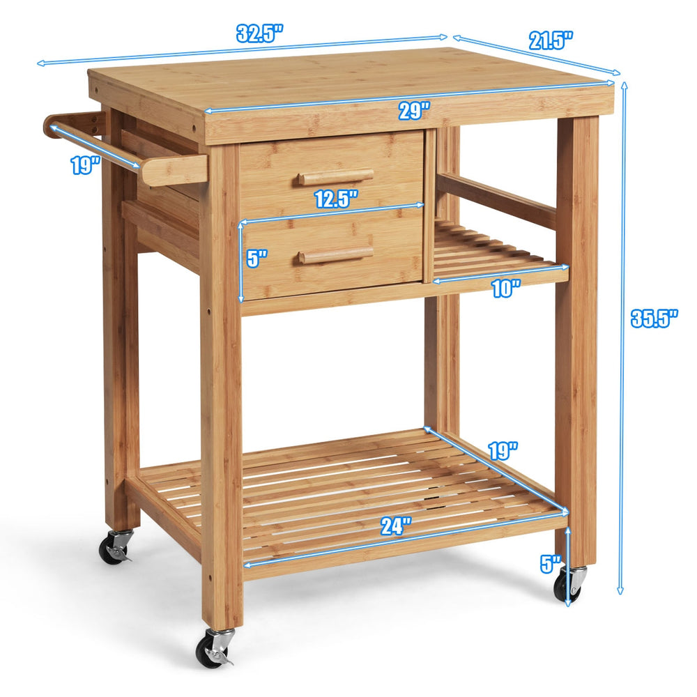 Bamboo kitchen trolley cart with two drawers and open shelves, featuring a large countertop and smooth-rolling casters.