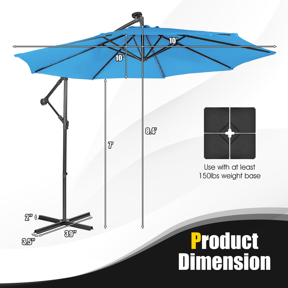 10-foot blue patio solar-powered cantilever umbrella with tilting system, ideal for outdoor relaxation and sun.