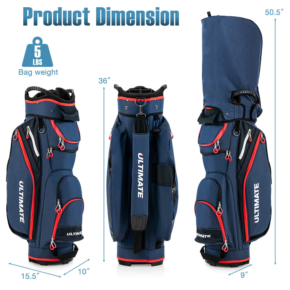 9.5-inch golf cart bag with 14-way dividers, featuring 8 zippered pockets and a detachable rain hood for convenience.
