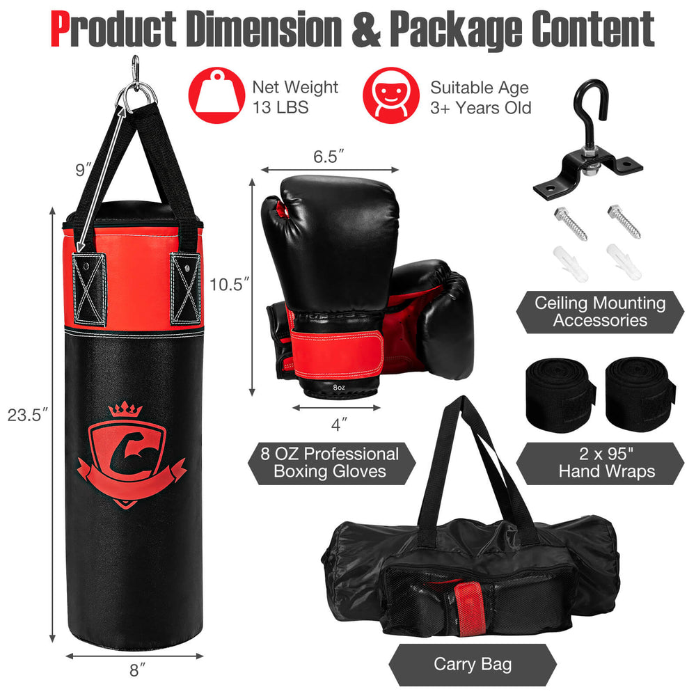 Kids hanging punching bag set with gloves, hand wraps, and carry bag, designed for training and reducing screen time.