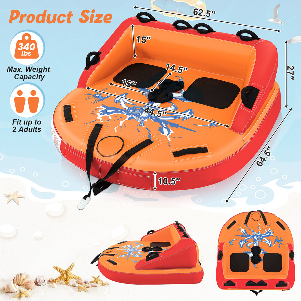 2-person inflatable towable tube in orange with high backrest and padded handles, ideal for boating and water sports.