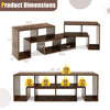L-shaped and rectangular shelves of the brown console TV stand, designed for TVs up to 65 inches, with spacious storage.