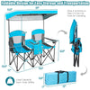 Portable folding camping canopy chairs in blue with cup holder, featuring a sturdy frame and adjustable sunshade for.