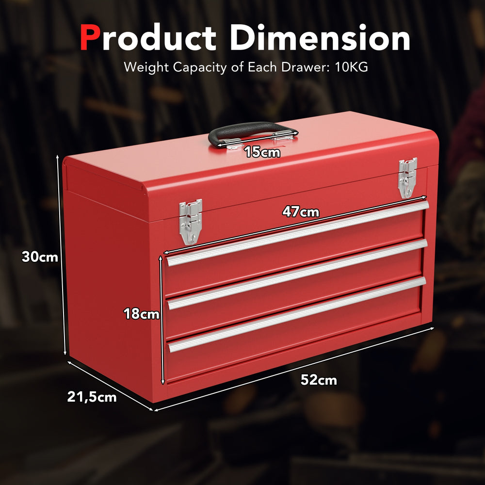Red portable garage mechanic tool cabinet box with 3 drawers, featuring easy grip handle and top tray for wider tools.