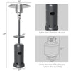 Gray outdoor propane heater with table and wheels, 87" tall, designed for efficient heating and safety features.