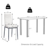 Dimensions and load capacity of a 5-piece dining set with 4 PVC leather chairs and a glass table.