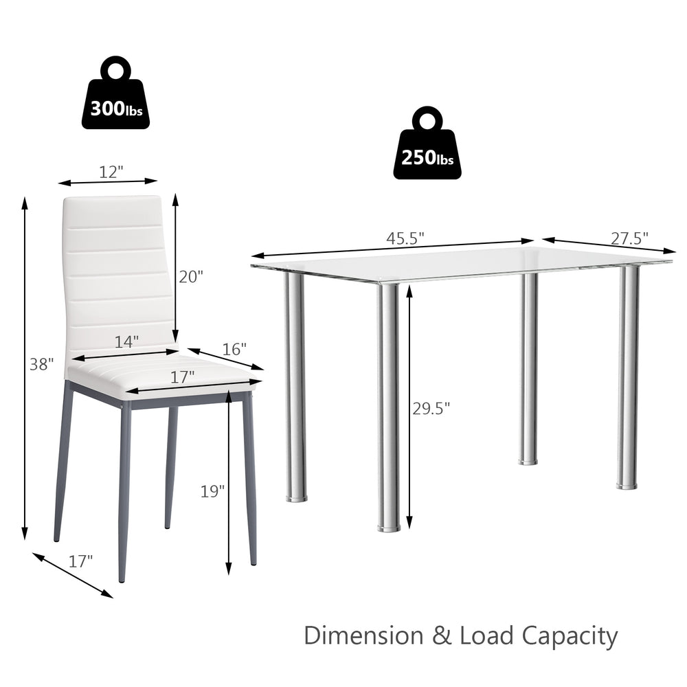 Dimensions and load capacity of a 5-piece dining set with 4 PVC leather chairs and a glass table.