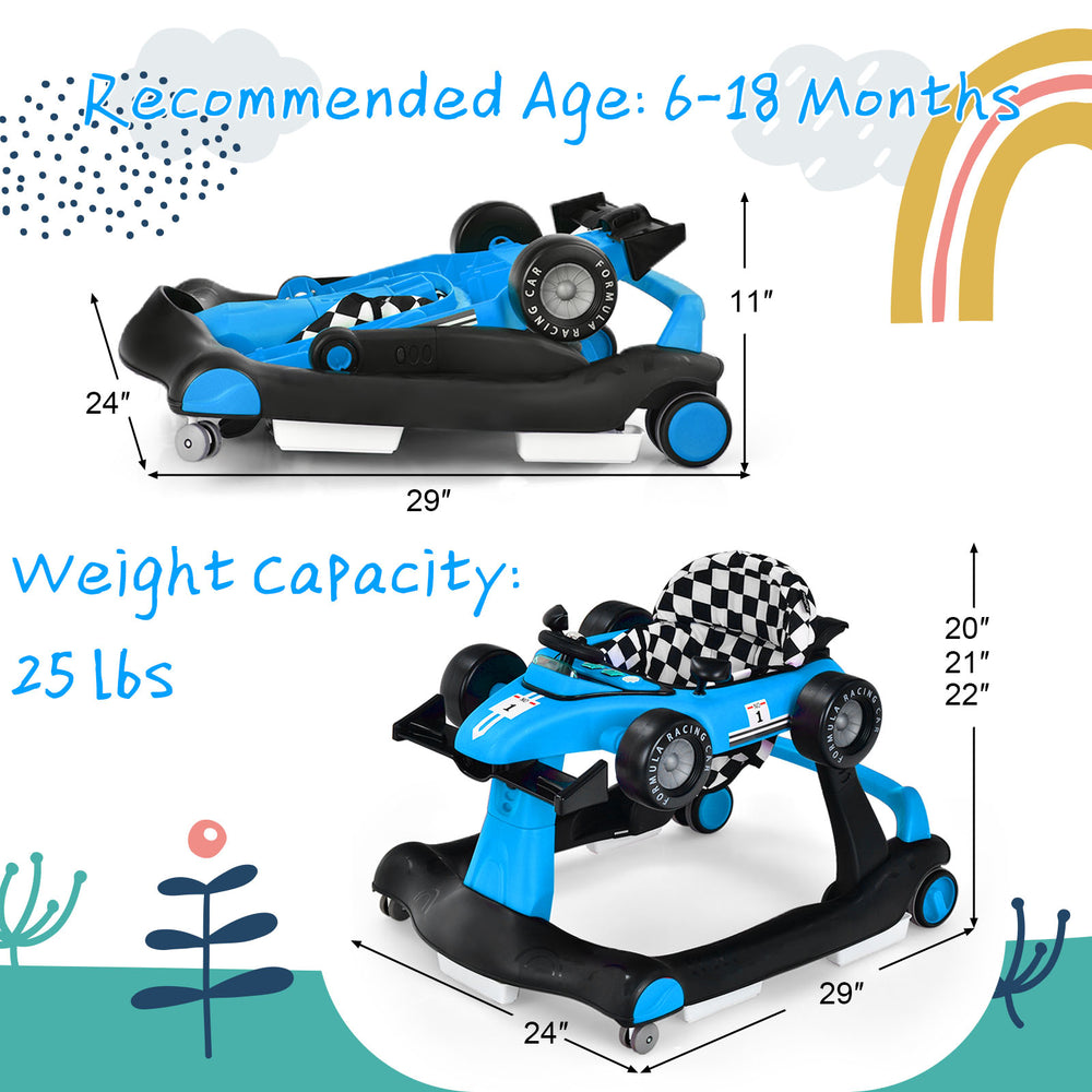 5-in-1 baby walker in blue with adjustable height, anti-slip guards, and 360° swivel wheels for infants 6-18 months.