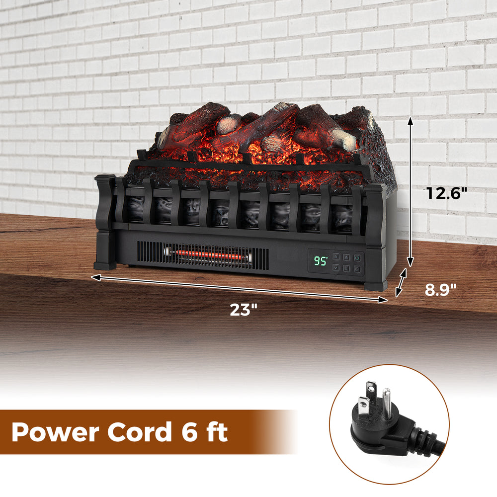 Infrared quartz electric fireplace in black with adjustable 3D flame colors, remote control, and overheat protection.