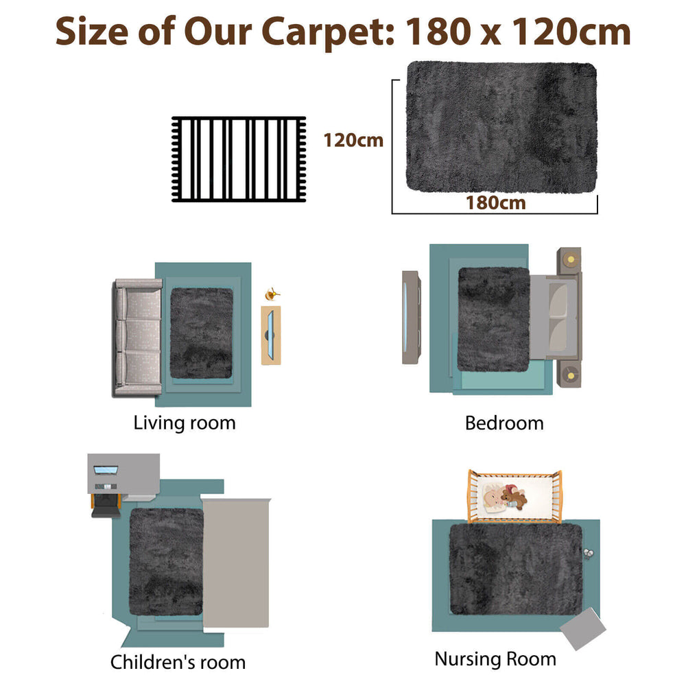 Modern soft shag rug measuring 180 x 120 cm with non-slip grip dots, ideal for living room, bedroom, or office use.