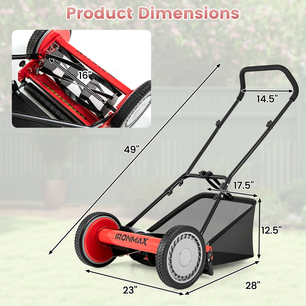 16-inch push lawn mower with 5 steel blades, showing dimensions and features for efficient grass cutting and easy.