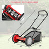 16-inch push lawn mower with 5 steel blades, showing dimensions and features for efficient grass cutting and easy.
