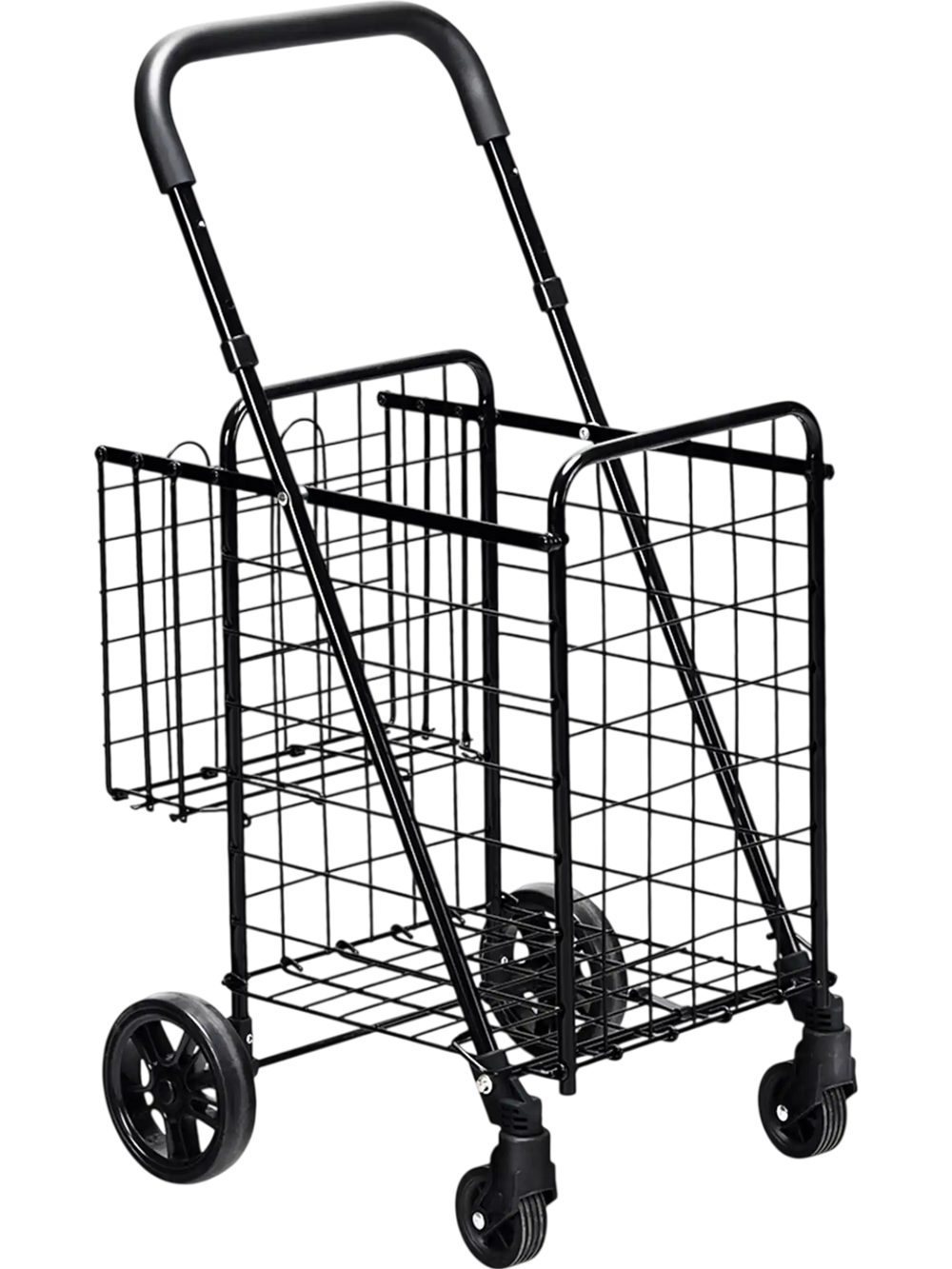 Folding black shopping cart with adjustable handle, featuring two baskets for easy storage and transport.