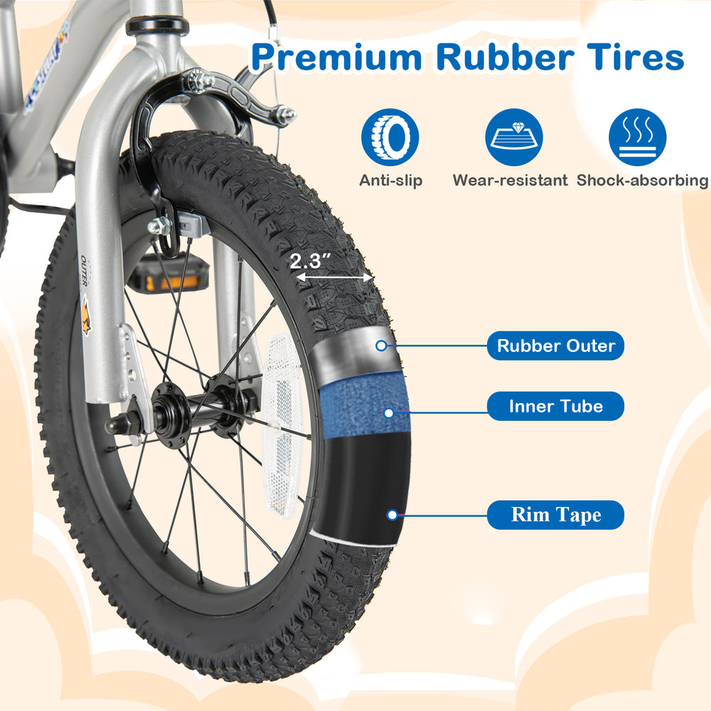 Close-up of the 14-inch kids bike tire featuring anti-slip, shock-absorbing rubber for safe riding.