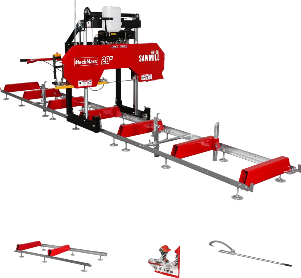 26" Portable Sawmill (5x Blades Included),  459cc 15HP E-Start Gasoline Engine,  20" Board Width,  20' Track Length (13' Track Length + 6.4' Track Extension Included) ,  SM-26