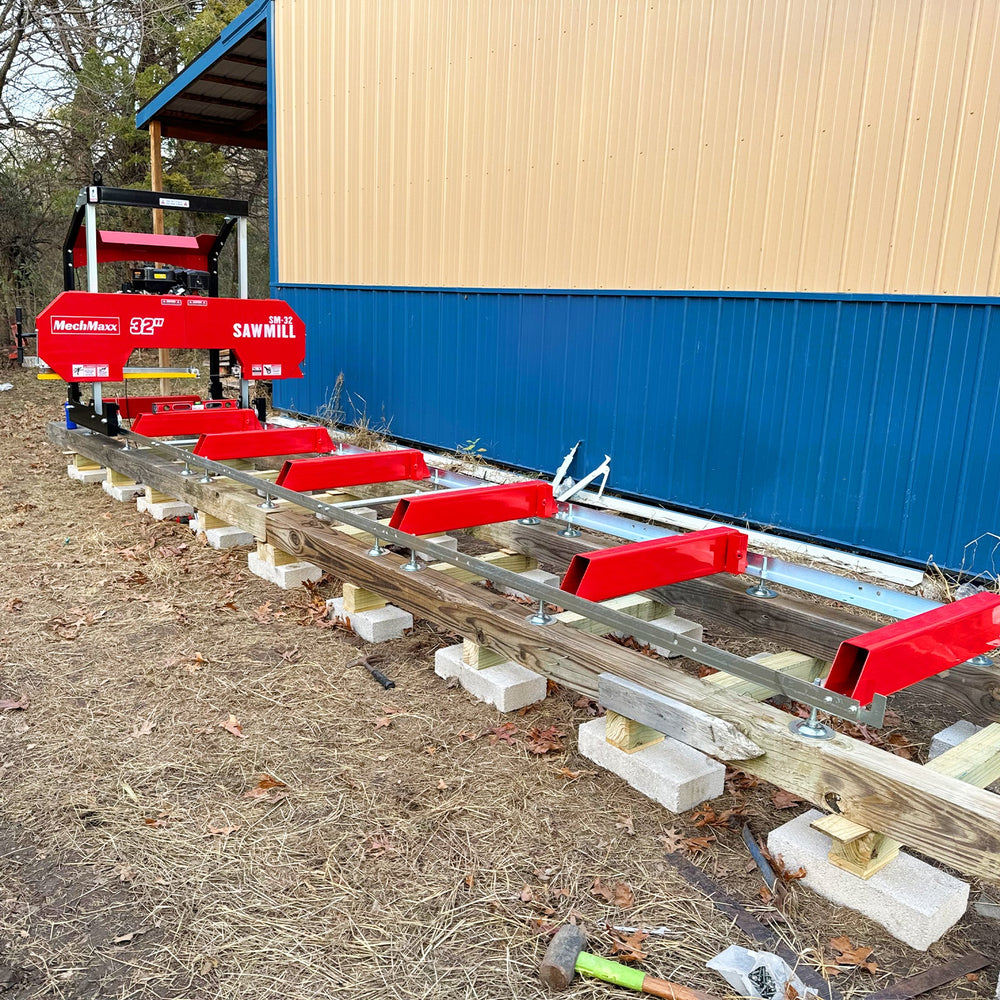 32" Portable Sawmill (5 x Blades Included),  420cc 15HP E-Start Gasoline Engine,  26.5" Board Width,  20' Track Length (13' Track Length + 6.4' Track Extension Included) ,  SM-32