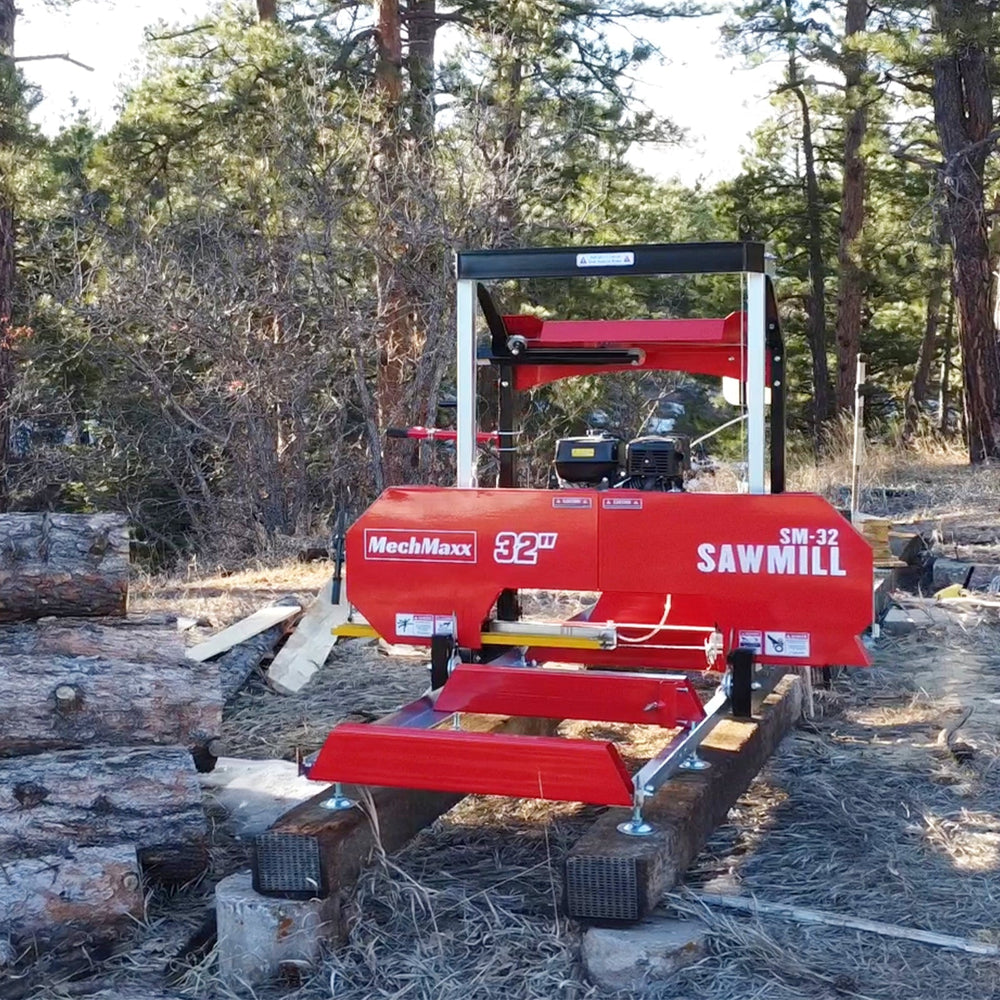 32" Portable Sawmill (5 x Blades Included),  420cc 15HP E-Start Gasoline Engine,  26.5" Board Width,  20' Track Length (13' Track Length + 6.4' Track Extension Included) ,  SM-32
