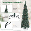 Snowy 5 ft artificial pencil Christmas tree with pine cones, featuring a foldable metal stand and non-slip foot pads.