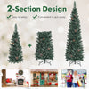 Snowy artificial pencil Christmas tree with pine cones, 5 ft tall, features a slim design for space-saving holiday.