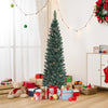 Snowy 5 ft artificial pencil Christmas tree with pine cones, surrounded by festive gifts, perfect for holiday.