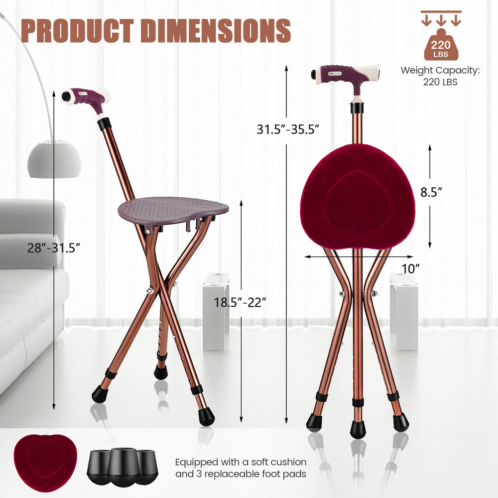 Lightweight adjustable folding cane seat with a light-brown cushion, featuring a stable triangular structure and.