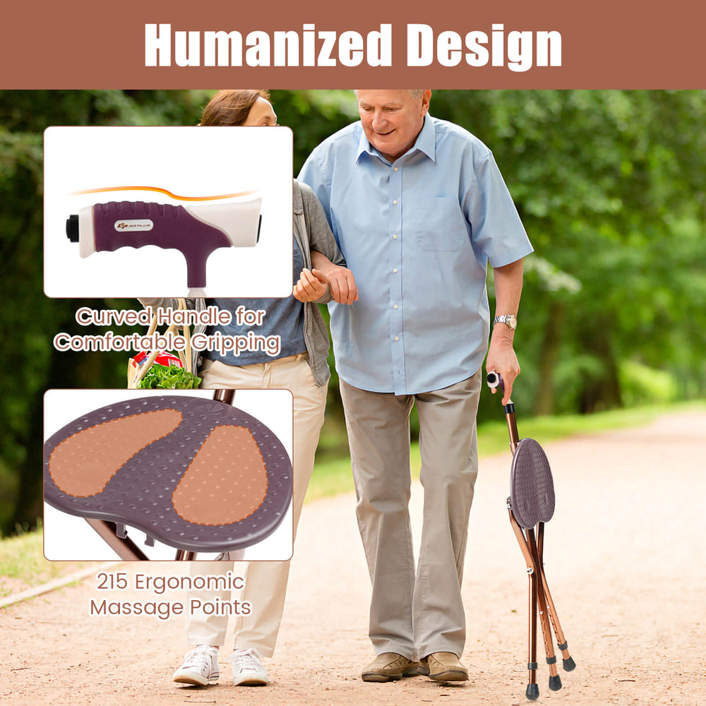Lightweight adjustable folding cane seat with ergonomic handle, 215 massage points, and built-in LED light for safety.