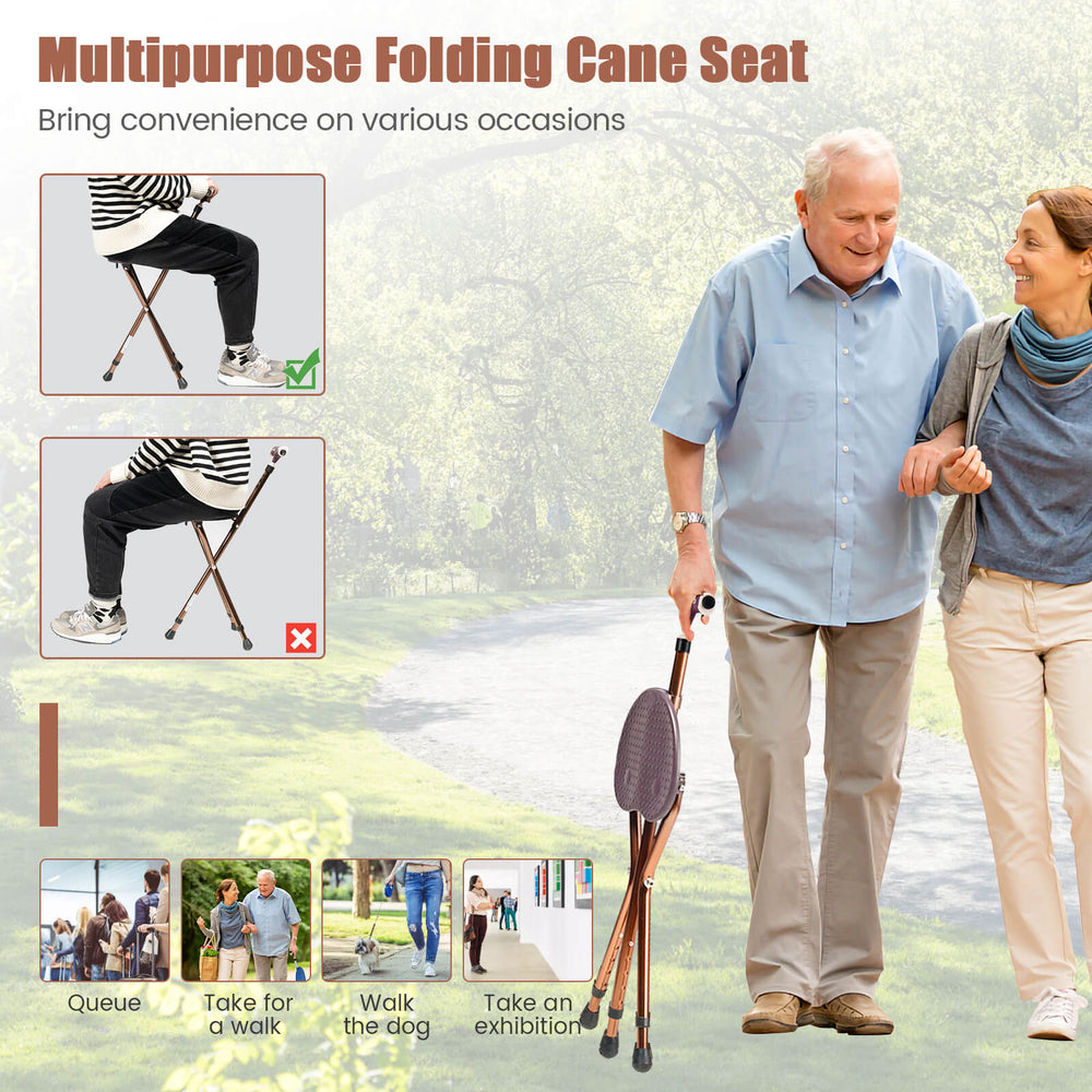 Lightweight adjustable folding cane seat in light-brown, featuring ergonomic handle and massage points for comfort.