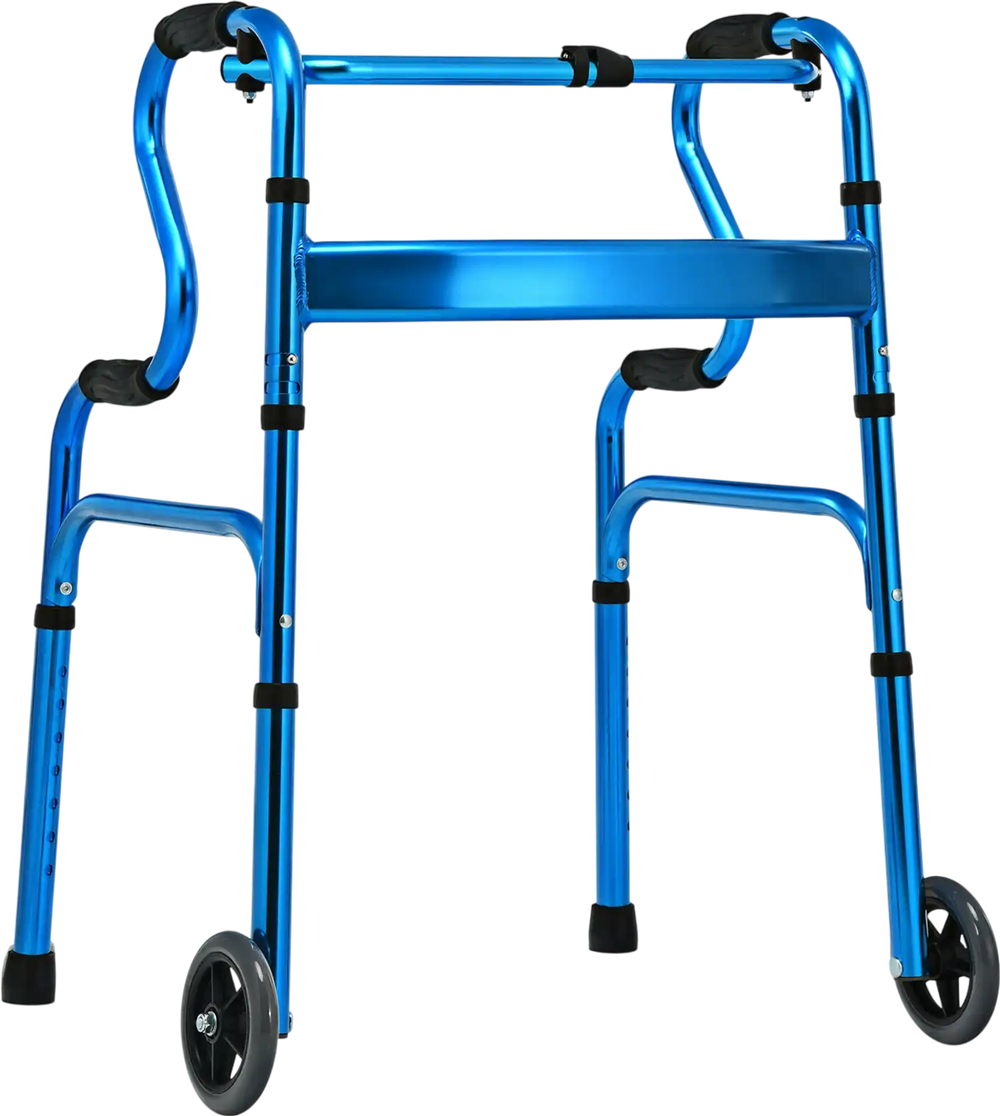 Blue aluminum heavy-duty folding wheeled stand-assist walker with adjustable height and dual-tier armrests for.