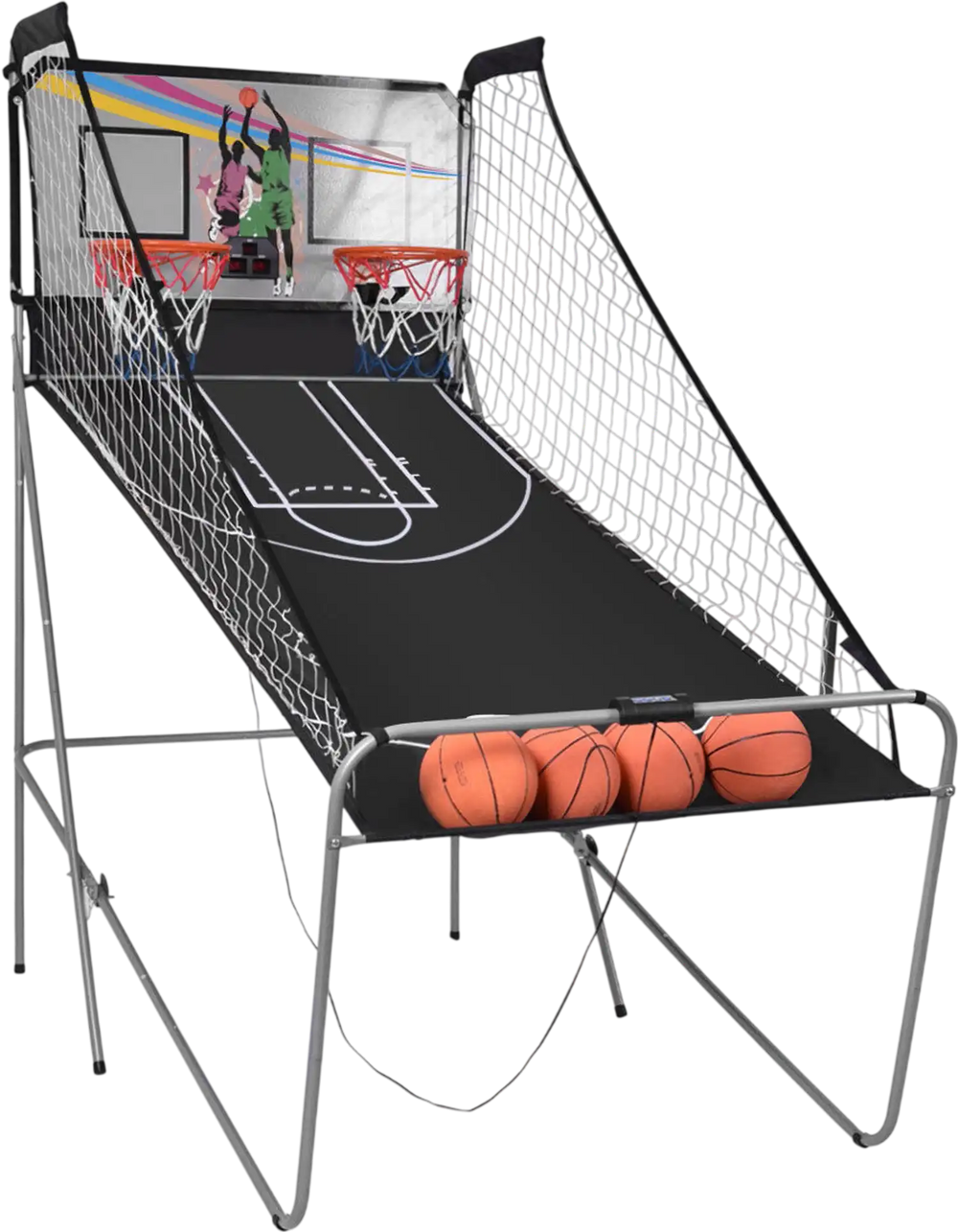 Foldable double electronic basketball game showing infrared sensors and sound effects for an exciting indoor arcade.