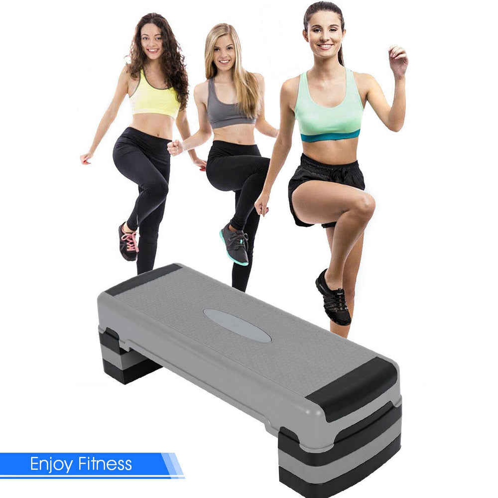 Aerobic cardio adjustable stepper with risers, 35 inches long, ideal for home workouts and fitness classes.