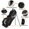 Golf stand bag with 7-way divider, waterproof zipper, and multiple pockets for secure storage and easy carrying.
