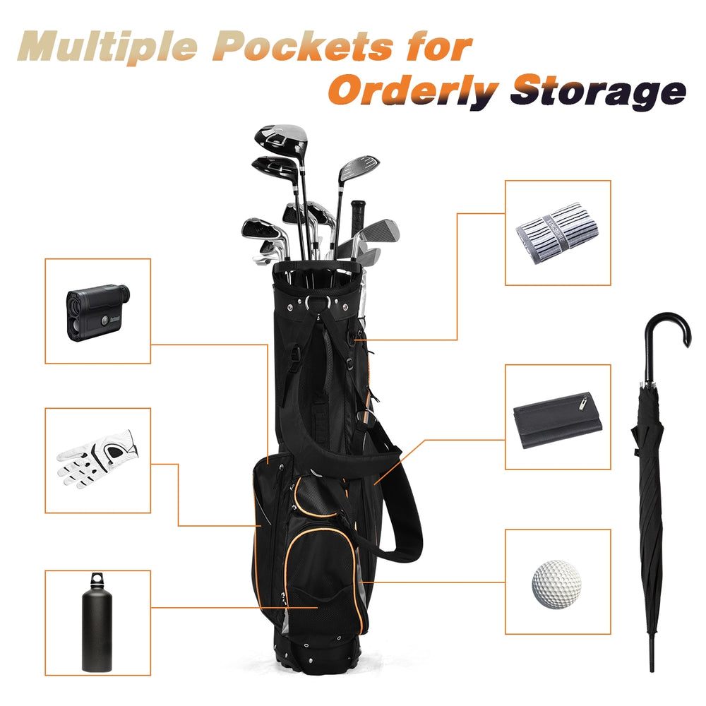 9-inch golf stand bag with 7-way divider and multiple pockets for organized storage and easy carrying.