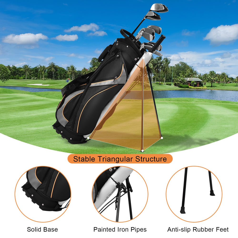 9-inch golf stand bag with 7-way divider, anti-slip rubber feet, and multiple pockets for convenient storage.