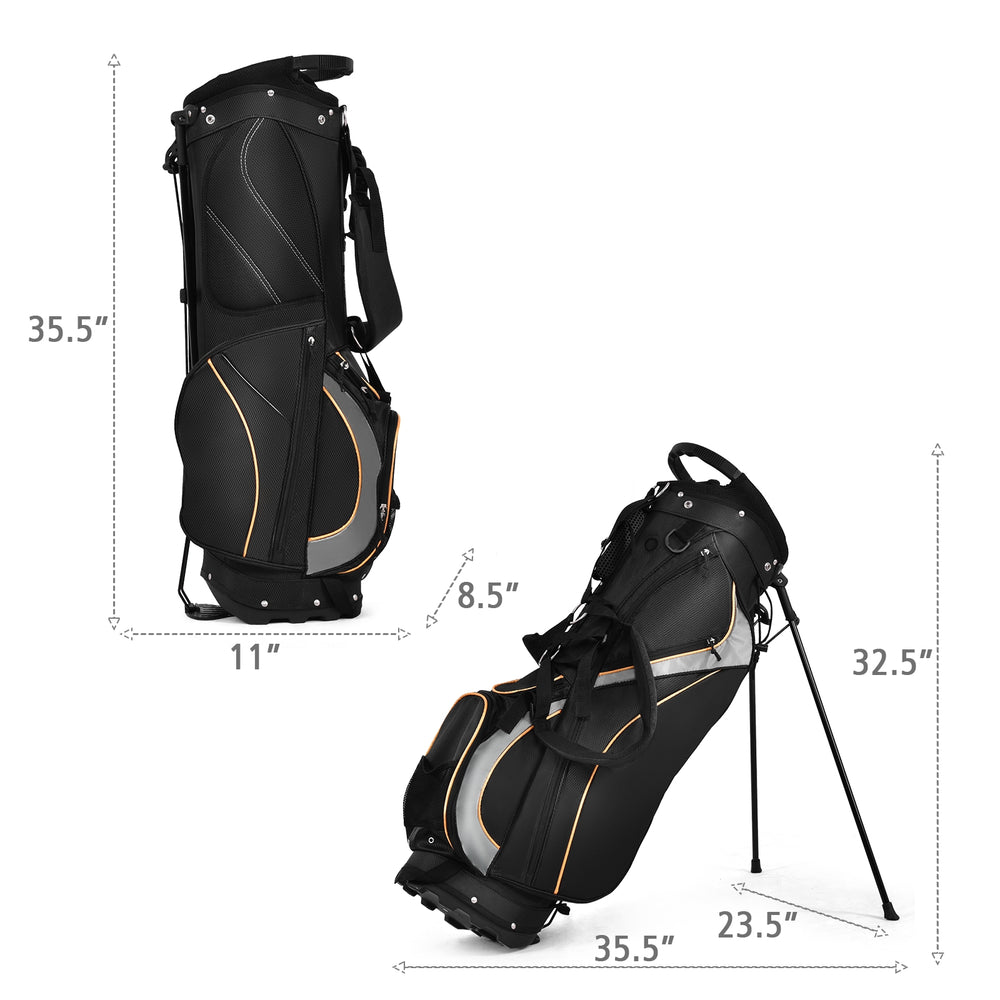 Ergonomic 9-inch golf stand bag with 7-way divider, 7 pockets, and adjustable straps for comfortable carrying.