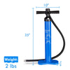 Double action manual SUP hand pump with gauge, 25" tall, aluminum alloy body, inflates up to 29 psi for paddleboards.