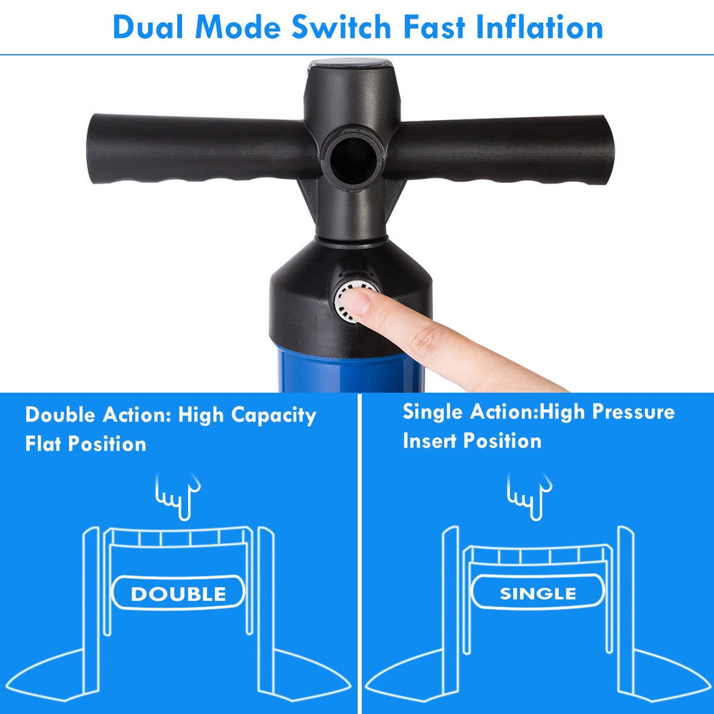 Double Action Manual inflation SUP hand pump with gauge, featuring dual mode switch for fast inflation and pressure.